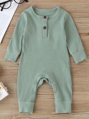 Baby Boy Girl Ribbed Button Front Mint Green Jumpsuit Long Sleeve One Piece 6-9M